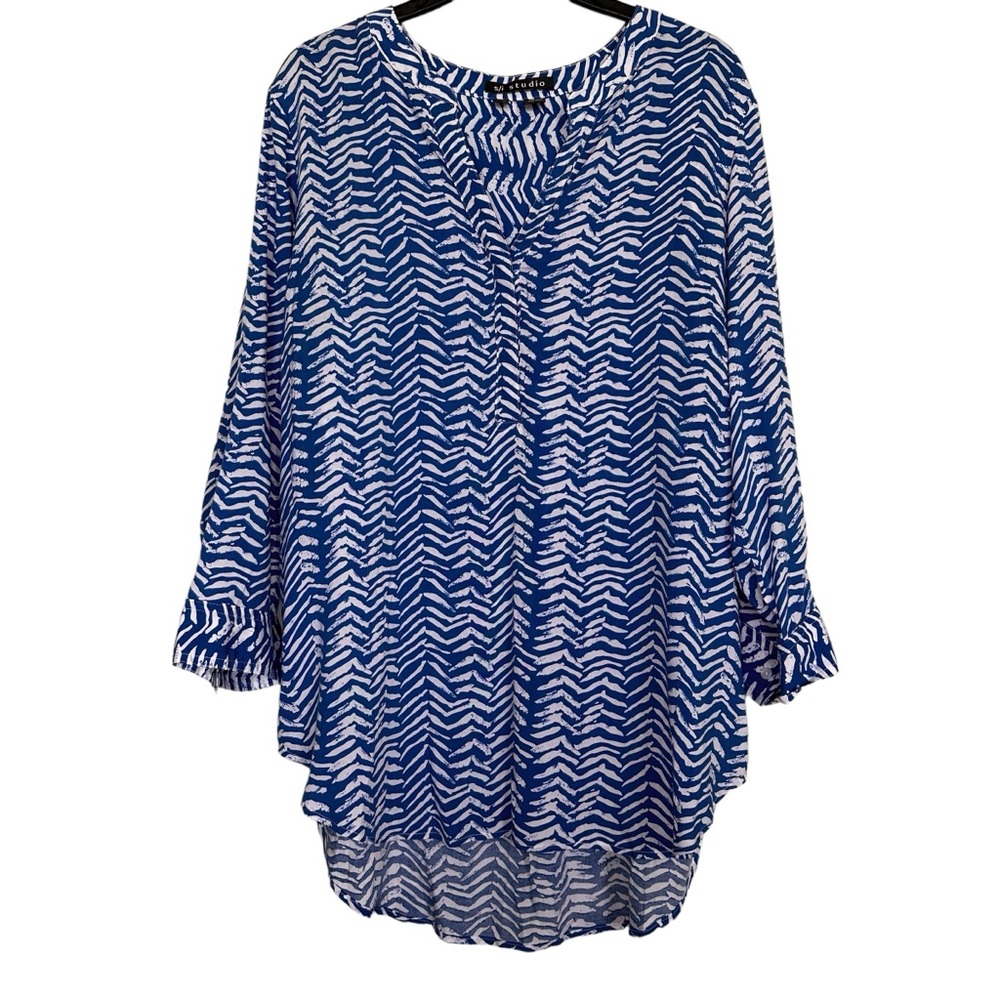 S/I Studio Women’s Sz XL Blue/White Geometric Print 3/4 Sleeve Blouse